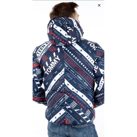 Tommy Jeans Hooded All-Over Logo Down Puffer Jacket Size Large NWOT - Picture 4 of 8